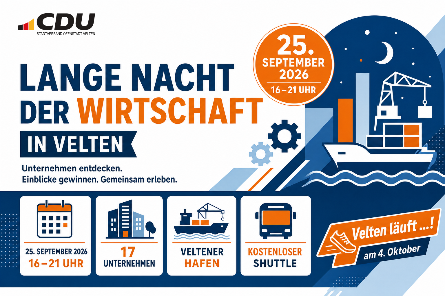 Redaktionelle Veranstaltungskarte zur Langen Nacht der Wirtschaft in Velten am 25. September 2026 mit Hinweisen auf 17 teilnehmende Unternehmen, das Hafenprogramm und den kostenlosen Shuttle.