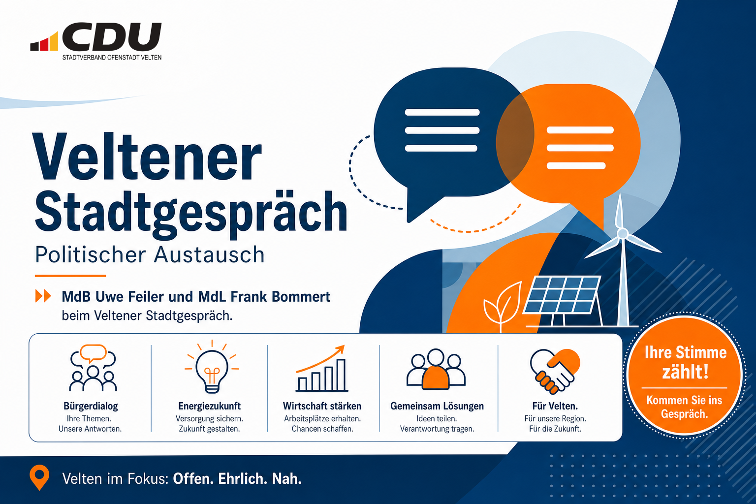 Grafische Veranstaltungskarte zum Veltener Stadtgespräch mit stilisierten Sprechblasen als Symbol für politischen Bürgerdialog.