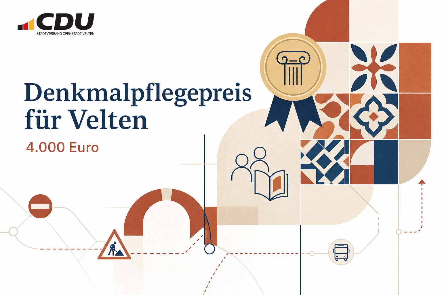 Grafische Themenkarte mit stilisierten Keramikfliesen und einer Auszeichnungsmedaille zum Denkmalpflegepreis für den Museumsstandort Velten.