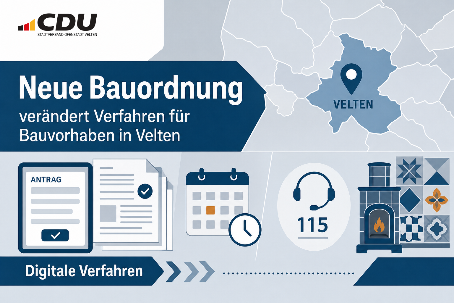 Redaktionelle Grafik zu den Änderungen der Brandenburgischen Bauordnung, digitalen Bauanträgen, der Behördennummer 115 und dem Denkmalpflegepreis für den Museumsstandort Velten.