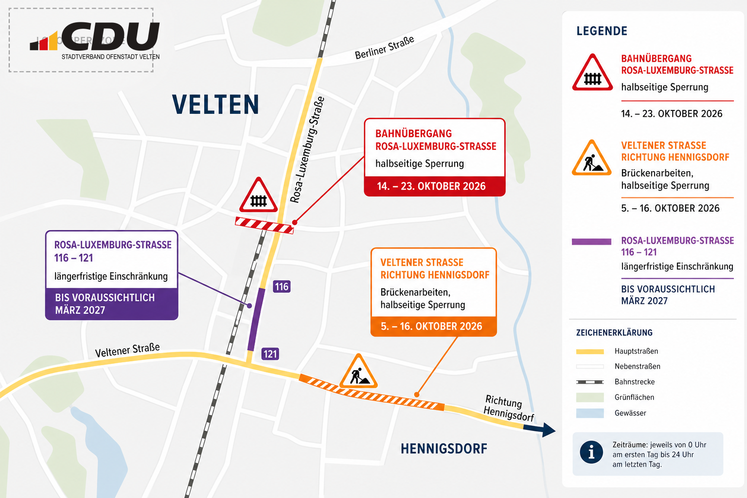 Schematische Verkehrskarte mit mehreren Baustellen- und Sperrstellen in Velten sowie auf der Verbindung Richtung Hennigsdorf.