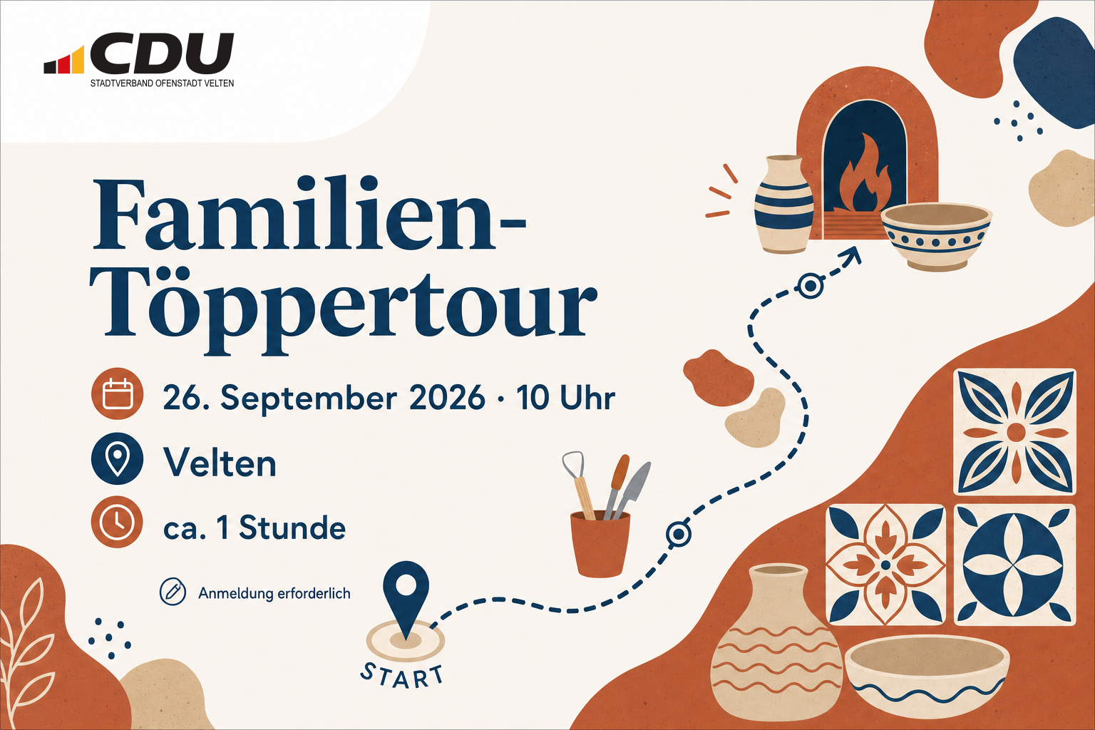 Redaktionelle Veranstaltungskarte zur Familien-Töppertour in Velten am 26. September 2026 um 10 Uhr mit stilisierten Keramik- und Töpfermotiven.