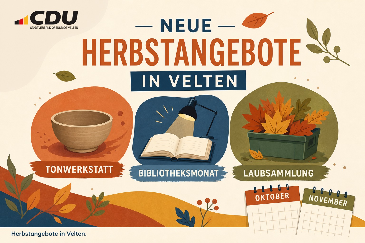 Grafische Themenkarte zu Veltener Herbstangeboten mit Symbolen für Tonwerkstatt, Bibliotheksmonat und Laubsammlung.