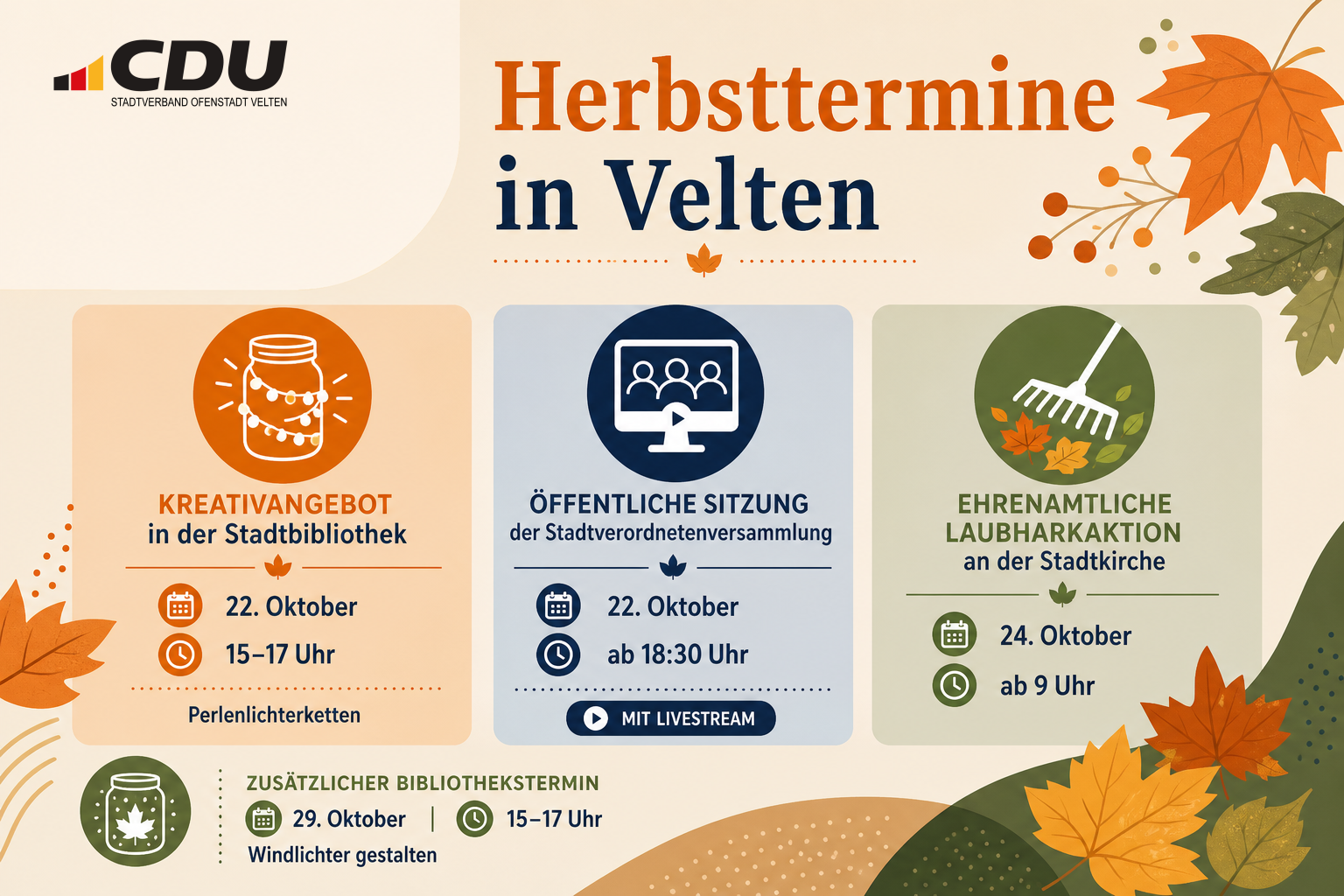 Grafische Veranstaltungskarte mit mehreren Oktoberterminen in Velten: zwei Kreativangebote der Stadtbibliothek, eine öffentliche Sitzung mit Livestream und eine ehrenamtliche Laubharkaktion.