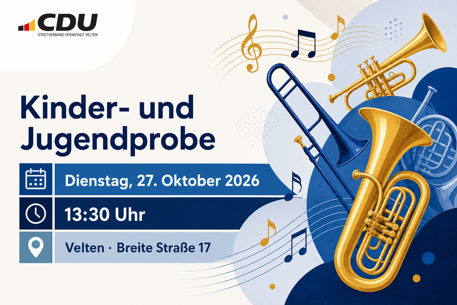Redaktionelle Veranstaltungskarte für eine Kinder- und Jugendprobe des Posaunenchors am 27. Oktober 2026 um 13:30 Uhr in Velten, Breite Straße 17.