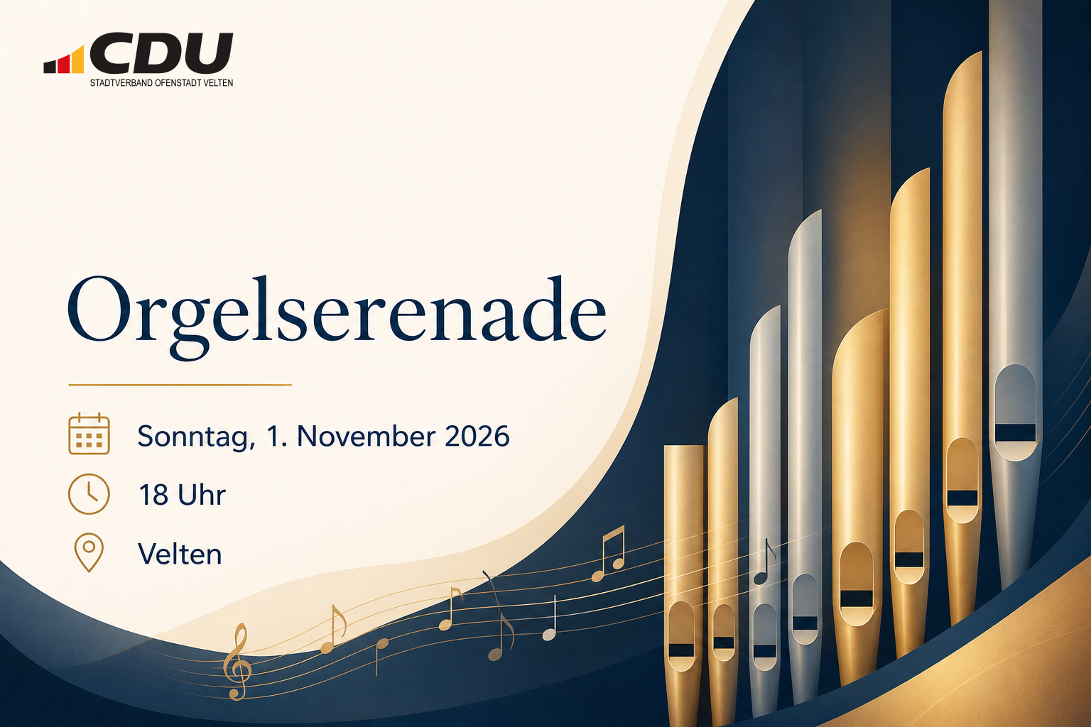 Redaktionelle Veranstaltungskarte mit stilisierten Orgelpfeifen und Angaben zur Orgelserenade am 1. November 2026 um 18 Uhr in Velten.