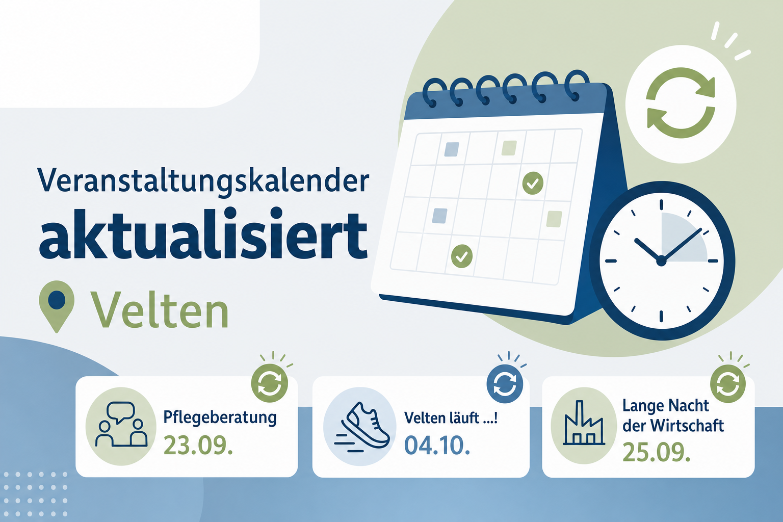 Redaktionelle Grafik zu aktualisierten Angaben im Veltener Veranstaltungskalender mit Hinweisen auf Pflegeberatung, Laufveranstaltung und Lange Nacht der Wirtschaft.