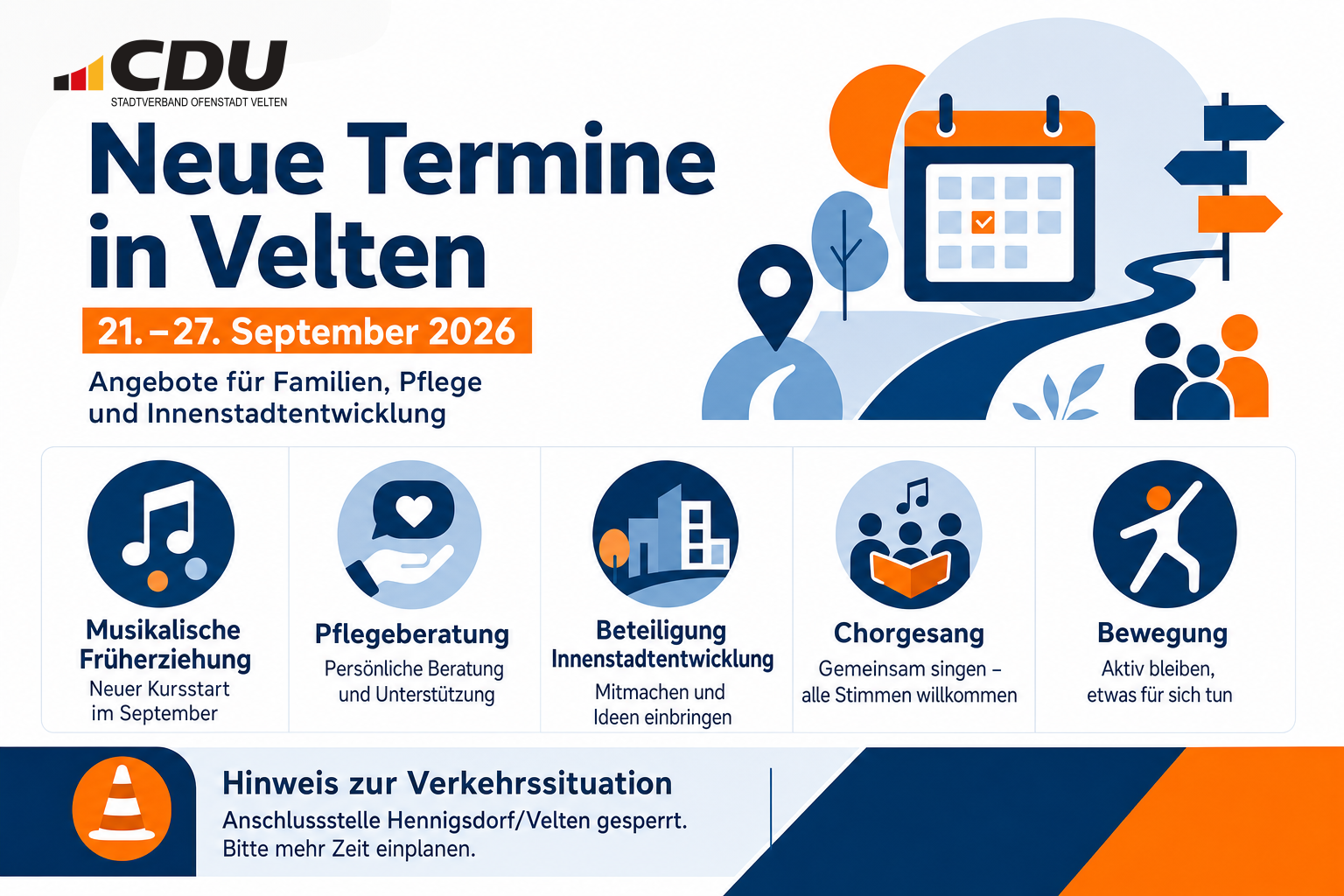 Redaktionelle Veranstaltungskarte zu neuen Terminen in Velten vom 21. bis 27. September 2026 mit Symbolen für Musik, Pflegeberatung, Innenstadtbeteiligung, Kultur, Bewegung und Verkehrshinweis.