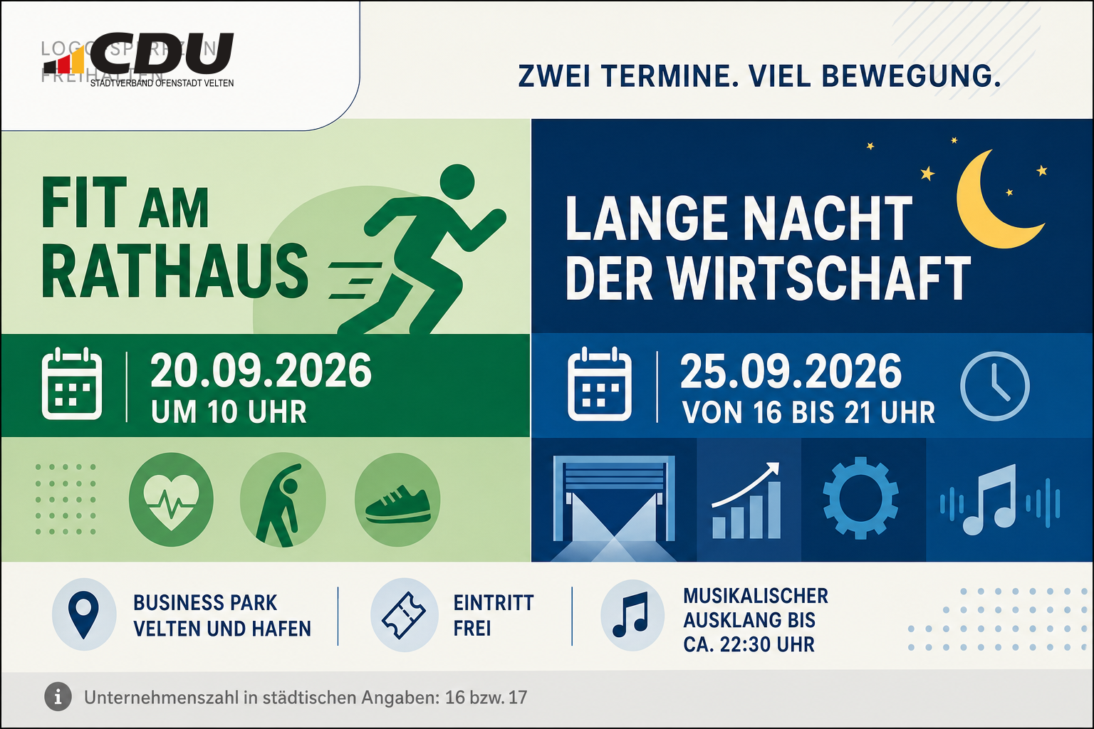 Redaktionelle Veranstaltungskarte zu „Fit am Rathaus“ am 20. September 2026 und zur Langen Nacht der Wirtschaft am 25. September 2026 in Velten.