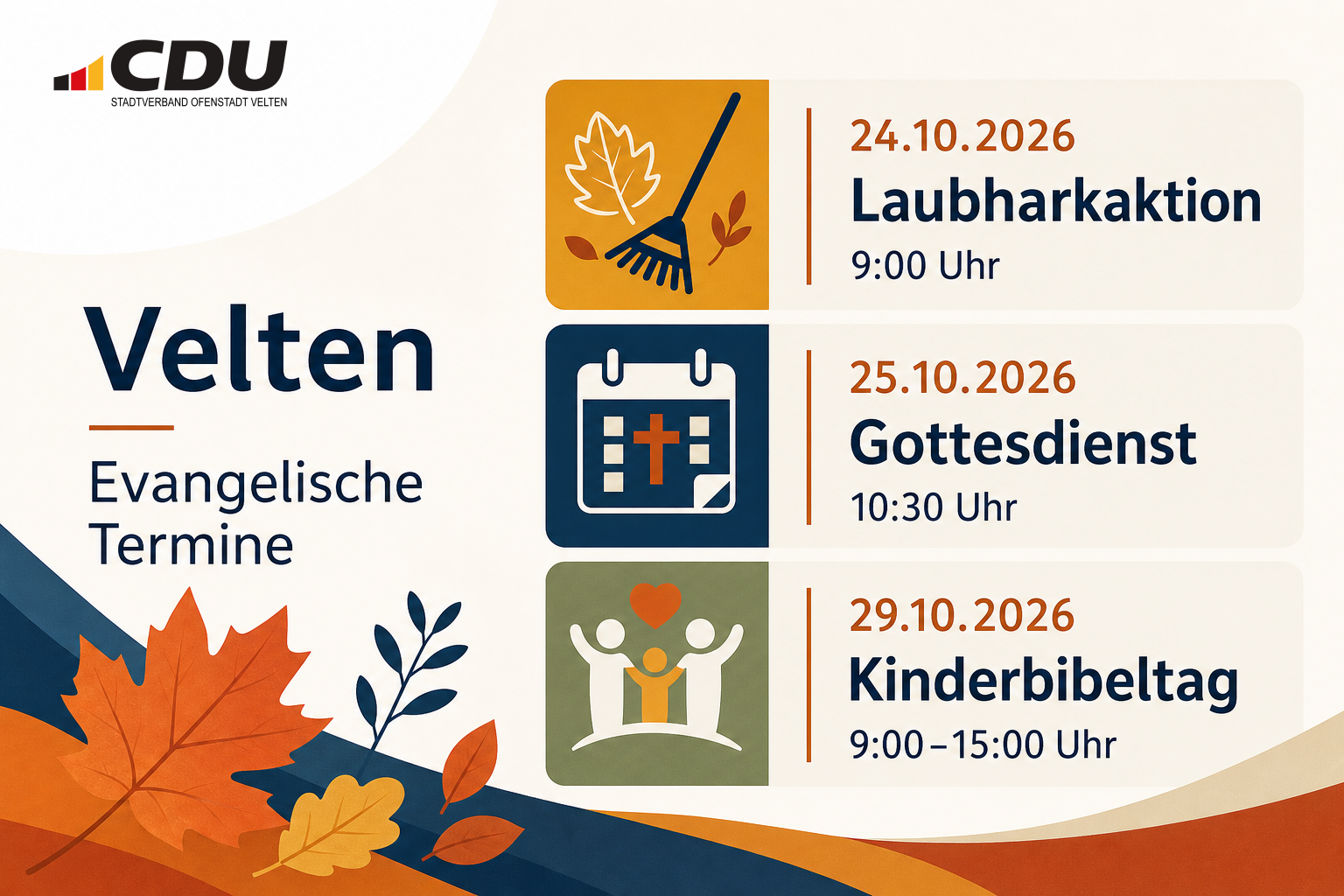 Grafische Veranstaltungskarte mit drei kirchlichen Terminen in Velten Ende Oktober 2026: Laubharkaktion, Gottesdienst und Kinderbibeltag.