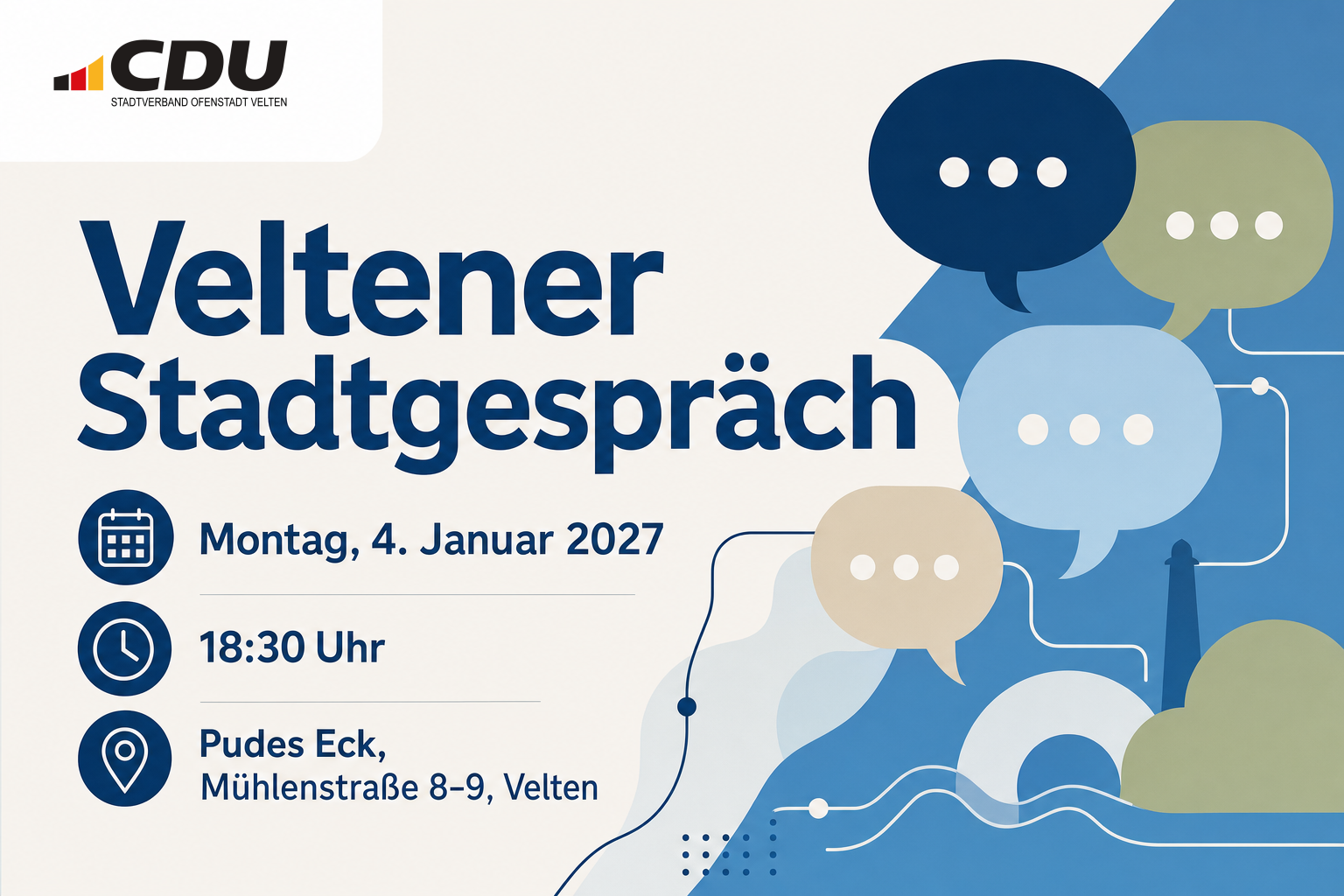Redaktionelle Veranstaltungskarte für das Veltener Stadtgespräch am 4. Januar 2027 um 18:30 Uhr im Pudes Eck in der Mühlenstraße.