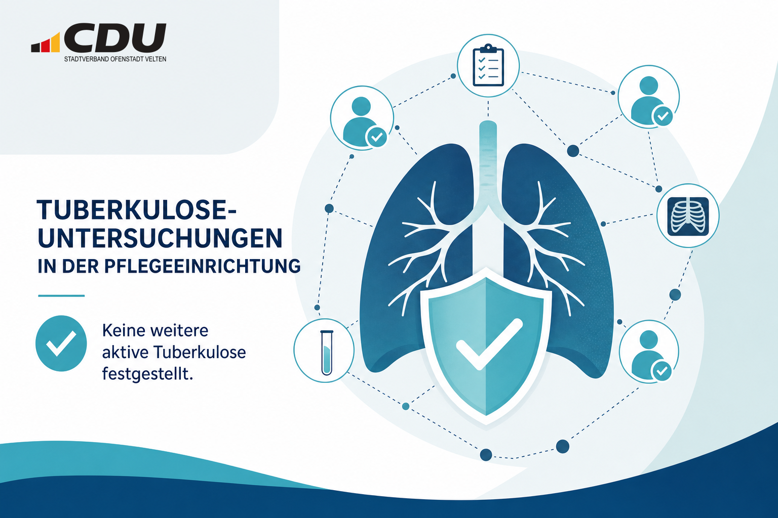 Redaktionelle Grafik mit stilisierter Lunge, Schutzschild und Verbindungslinien zum Abschluss der Tuberkulose-Untersuchungen in einem Pflegeheim.