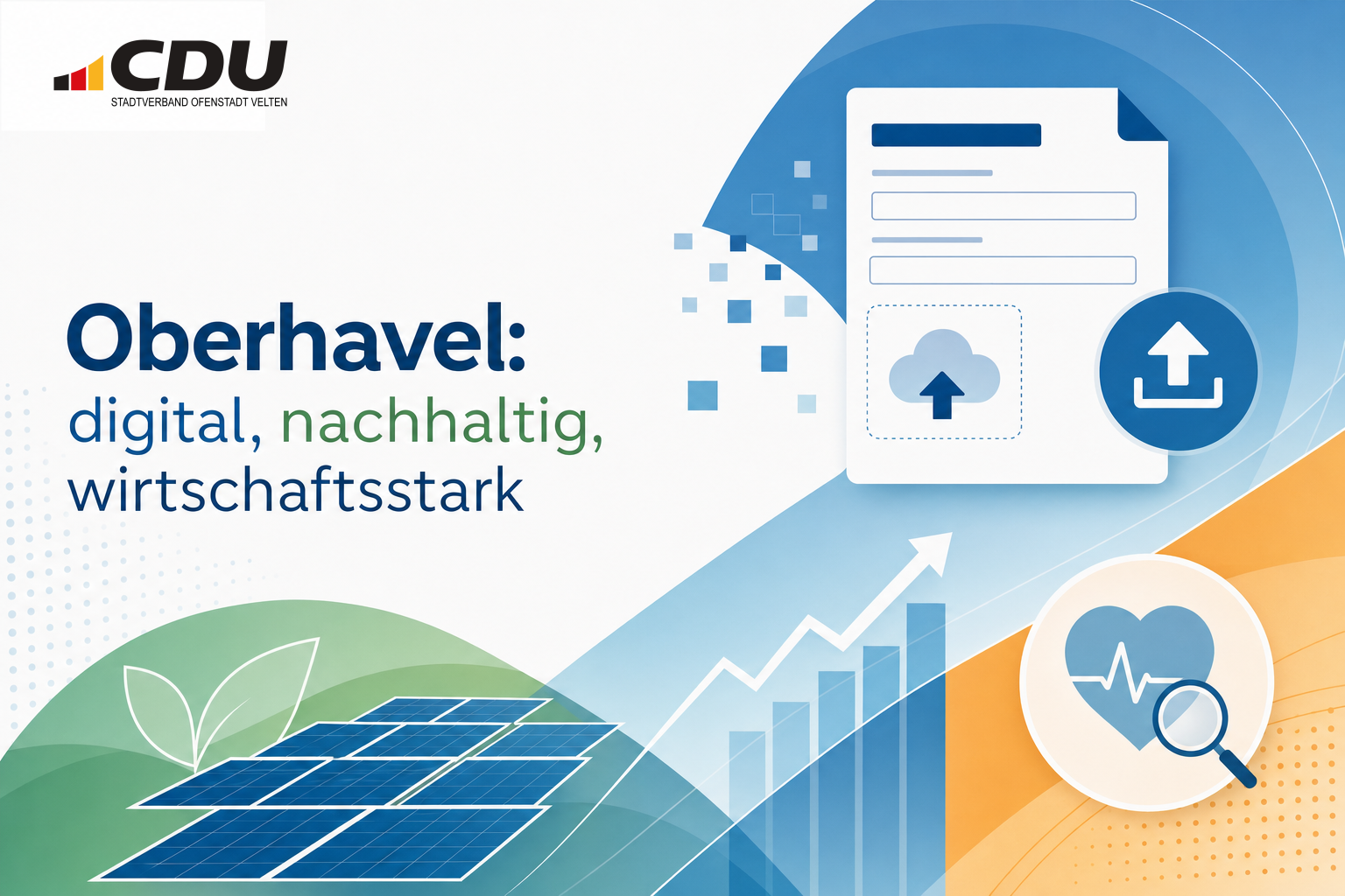 Redaktionelle Grafik zu Digitalisierung, Solarenergie, Wirtschaftsentwicklung und Gesundheitsamt in Oberhavel.