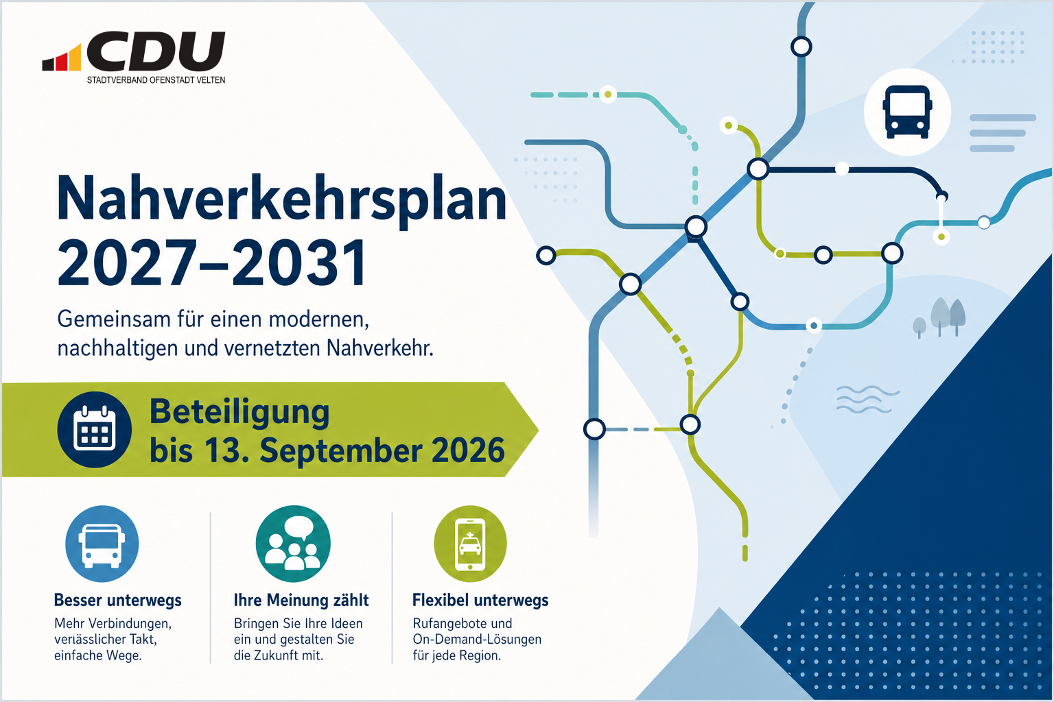Redaktionelle Grafik zu einem Nahverkehrsplan mit Hinweis auf die Beteiligungsfrist bis zum 13. September 2026.