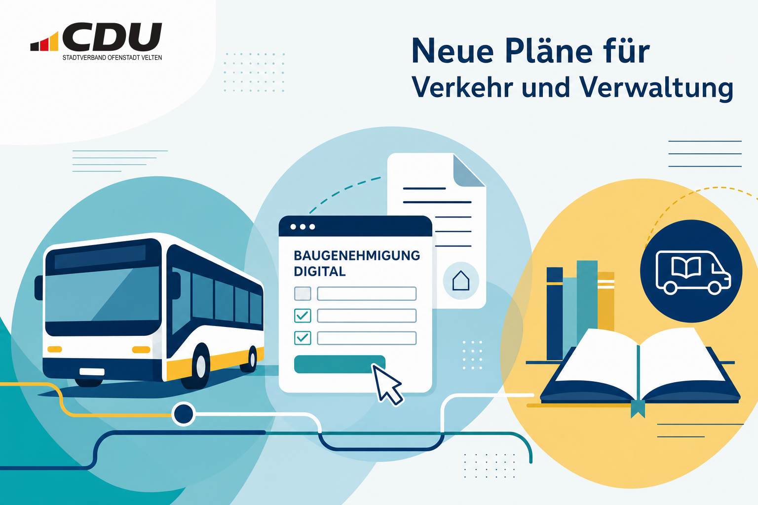 Redaktionelle Grafik mit Symbolen für Busverkehr, digitale Baugenehmigungen und Bibliotheksangebot.