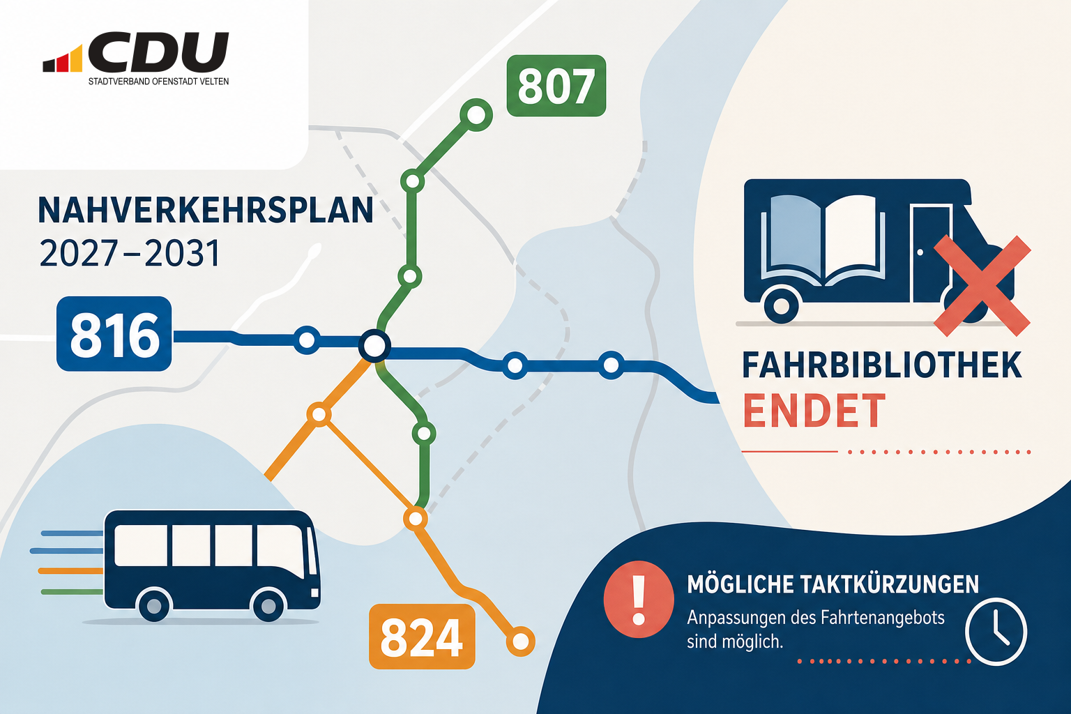 Redaktionelle Grafik mit stilisiertem Busliniennetz zu den Linien 807, 816 und 824 sowie einem Buchsymbol für das Ende der Fahrbibliothek in Oranienburg.