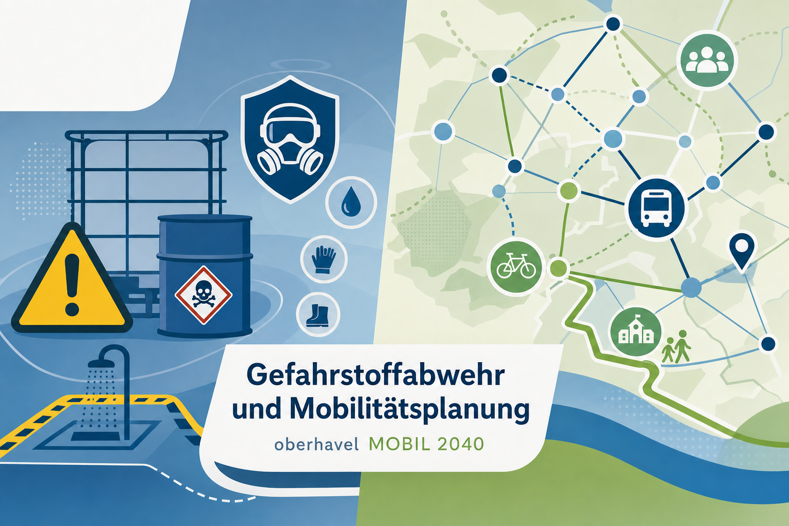 Redaktionelle Grafik zu einer Gefahrstoffabwehrübung und zur öffentlichen Beteiligung an der Mobilitätsplanung im Landkreis Oberhavel.