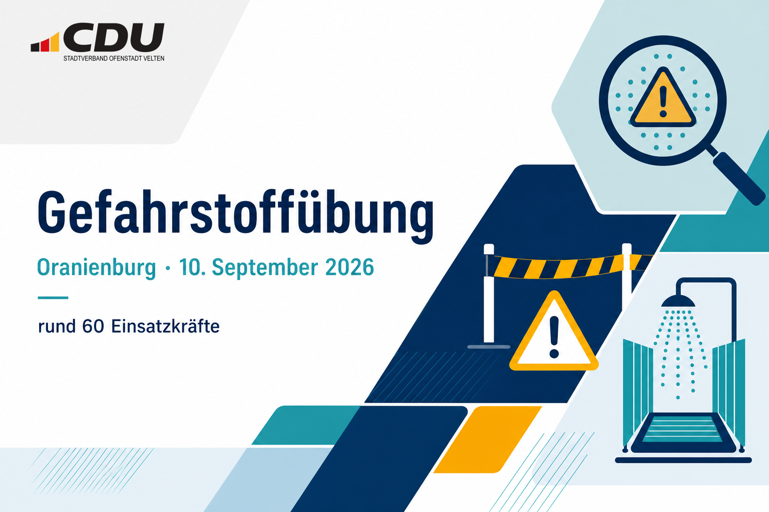 Redaktionelle Veranstaltungskarte zu einer Gefahrstoffübung mit Symbolen für Stoffidentifizierung, Einsatzstellensicherung und Dekontamination in Oranienburg am 10. September 2026.