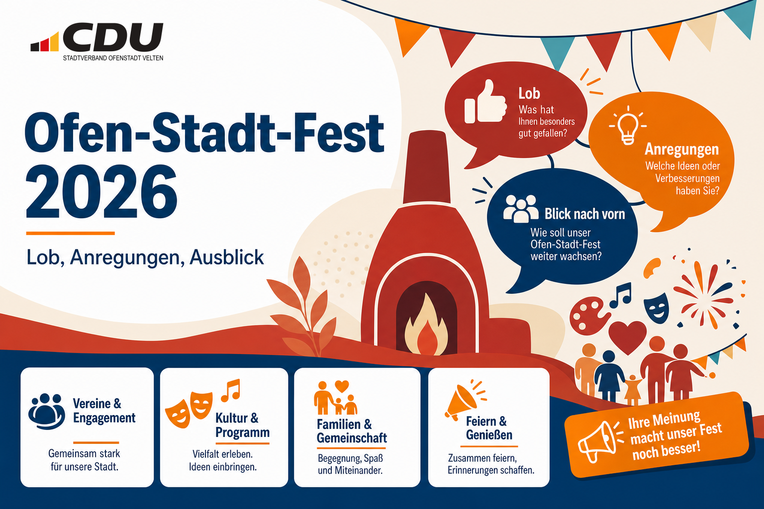 Redaktionelle Grafik zum Ofen-Stadt-Fest 2026 mit stilisiertem Ofen-Symbol, Wimpeln und verbundenen Sprechblasen als Zeichen für gemeinsames Feiern und Austausch.