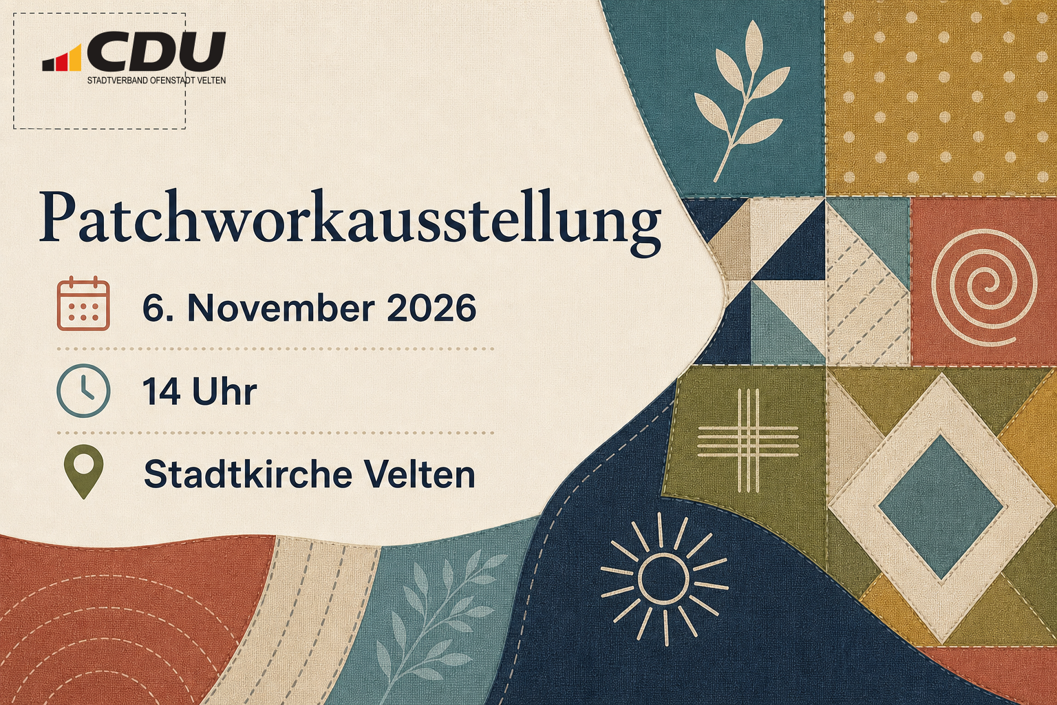 Redaktionelle Veranstaltungskarte mit abstrakten Patchworkmustern für eine Ausstellung am 6. November 2026 um 14 Uhr in der Stadtkirche Velten.
