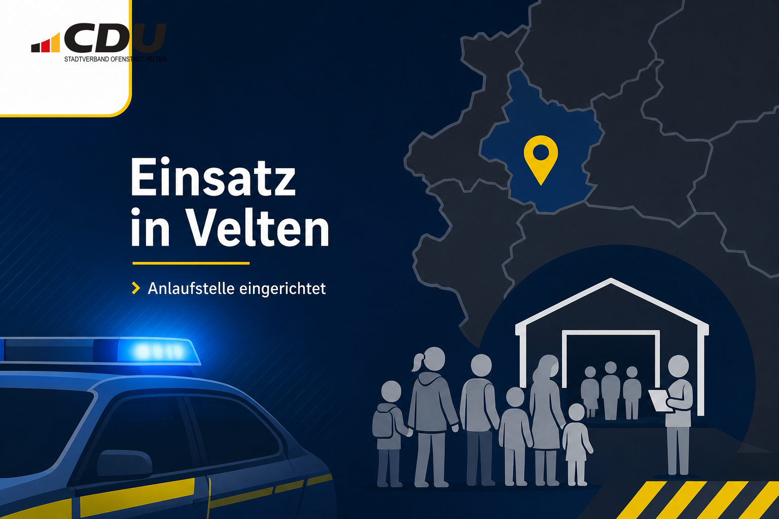 Redaktionelle Grafik zu einem Polizeieinsatz in Velten mit symbolischer Darstellung einer Anlaufstelle und evakuierter Personen.