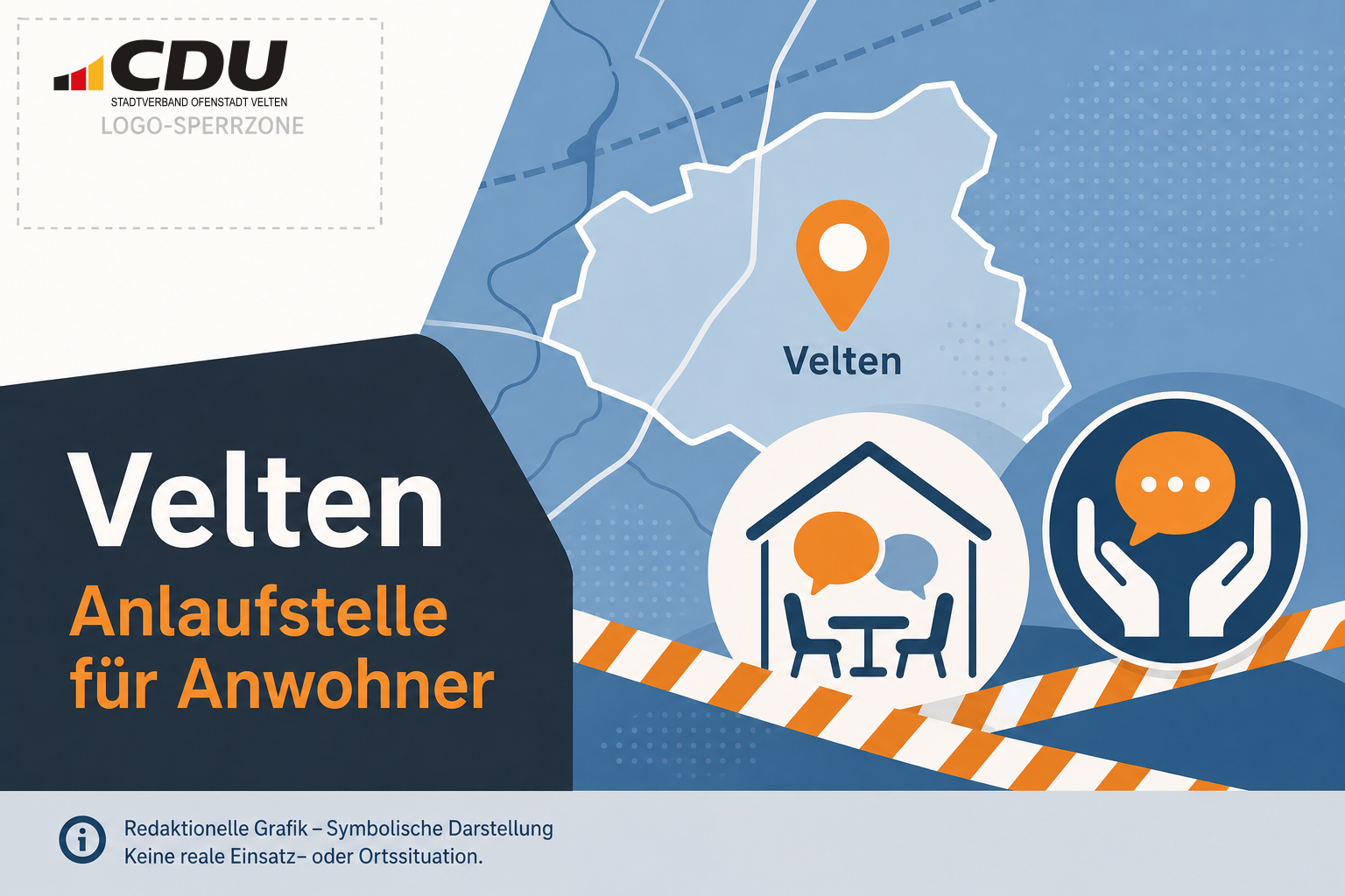 Symbolische redaktionelle Grafik zu einem Polizeieinsatz in Velten und einer kommunalen Anlaufstelle für betroffene Anwohner.