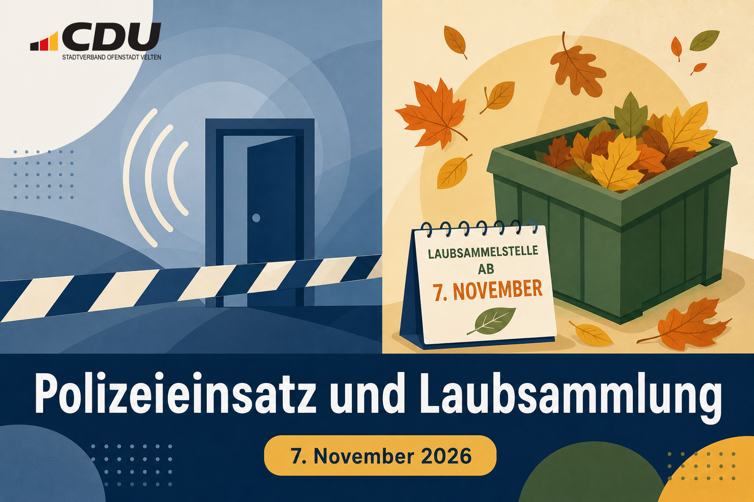 Redaktionelle Grafik zu einem Polizeieinsatz mit Festnahme und zur bevorstehenden Laubsammlung ab 7. November 2026.