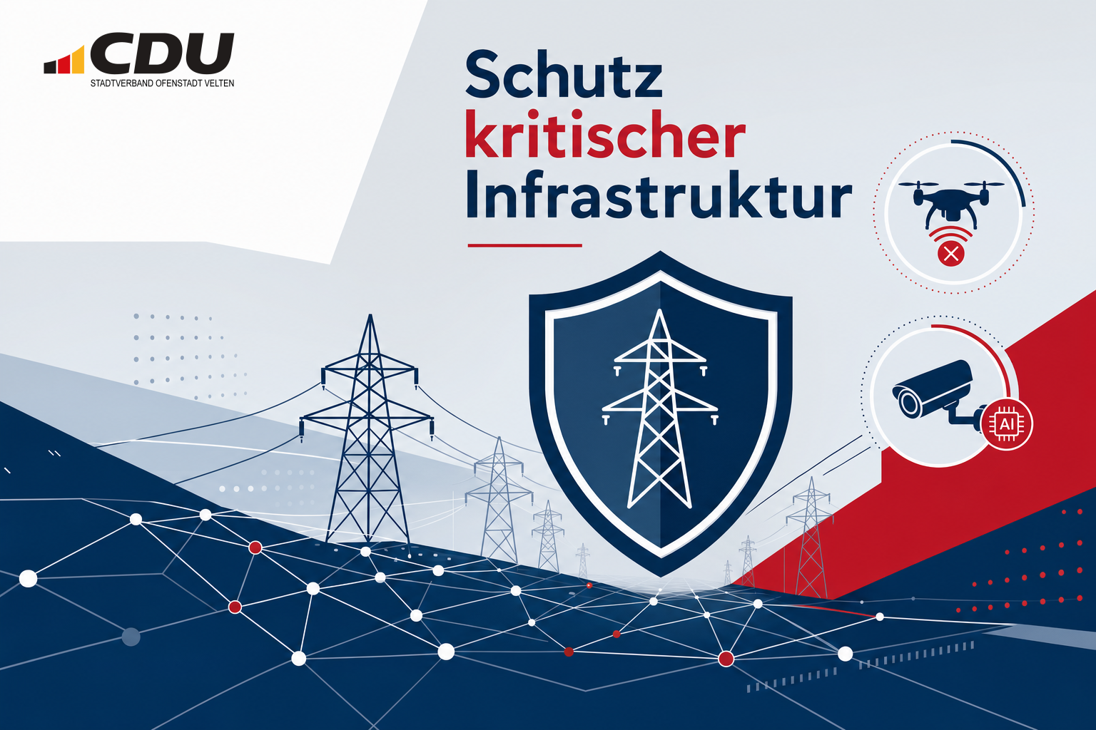Grafische Themenkarte zum geplanten besseren Schutz kritischer Infrastruktur mit Symbolen für Stromnetz, Schutzschild, Drohnenabwehr und Videoüberwachung.