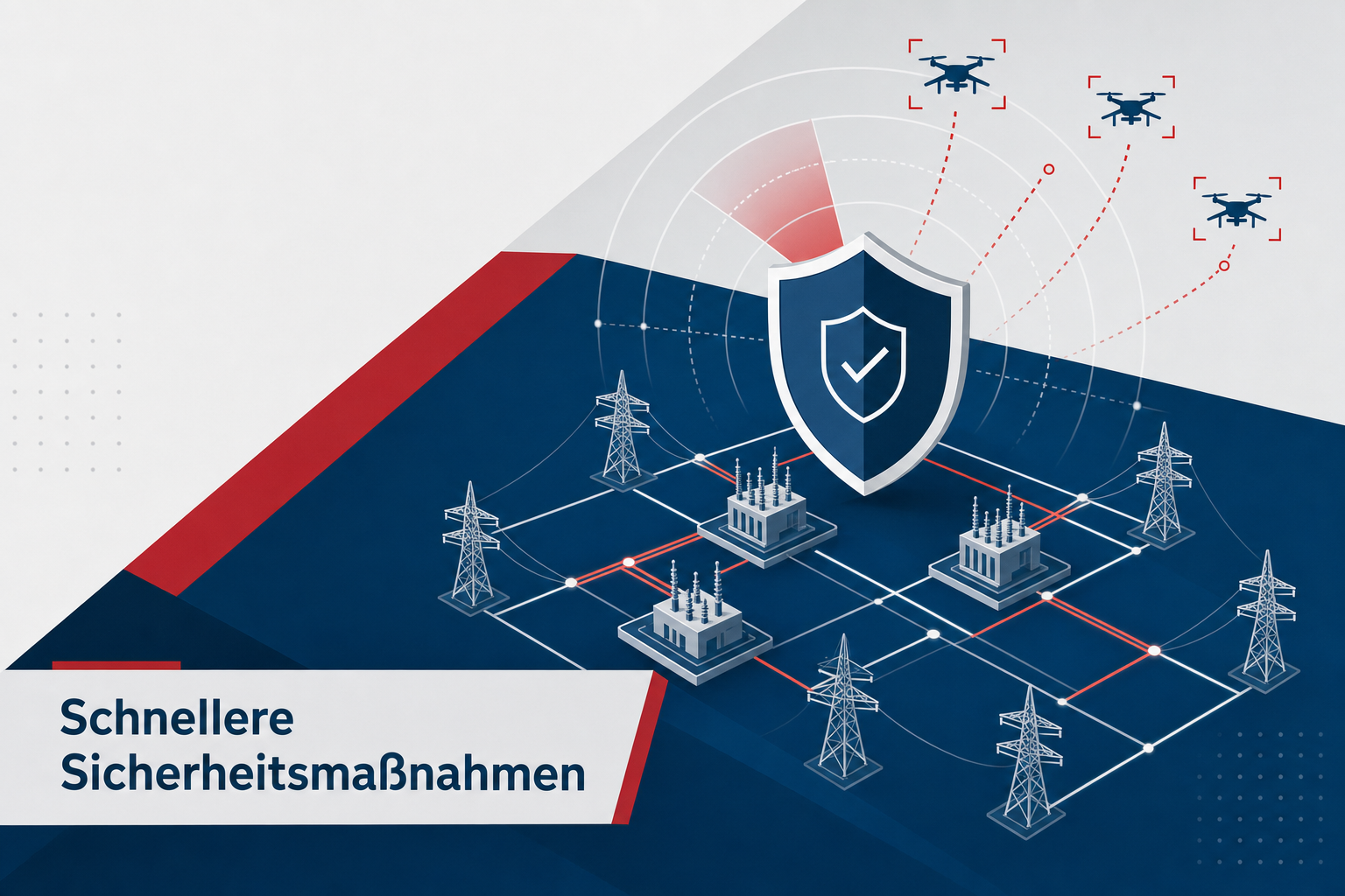 Redaktionelle Grafik mit stilisiertem Energienetz, Schutzschild und Radarlinien als Symbol für schnellere Sicherheitsmaßnahmen zum Schutz kritischer Infrastruktur.