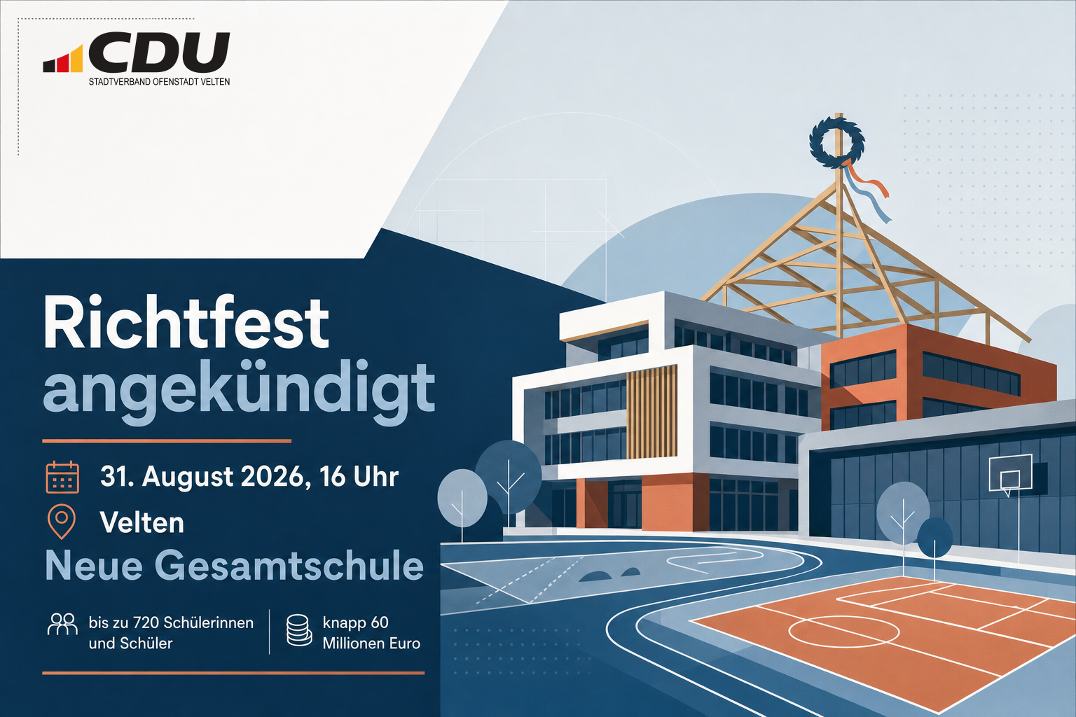 Redaktionelle Veranstaltungskarte zum angekündigten Richtfest der neuen Gesamtschule in Velten am 31. August 2026 um 16 Uhr.