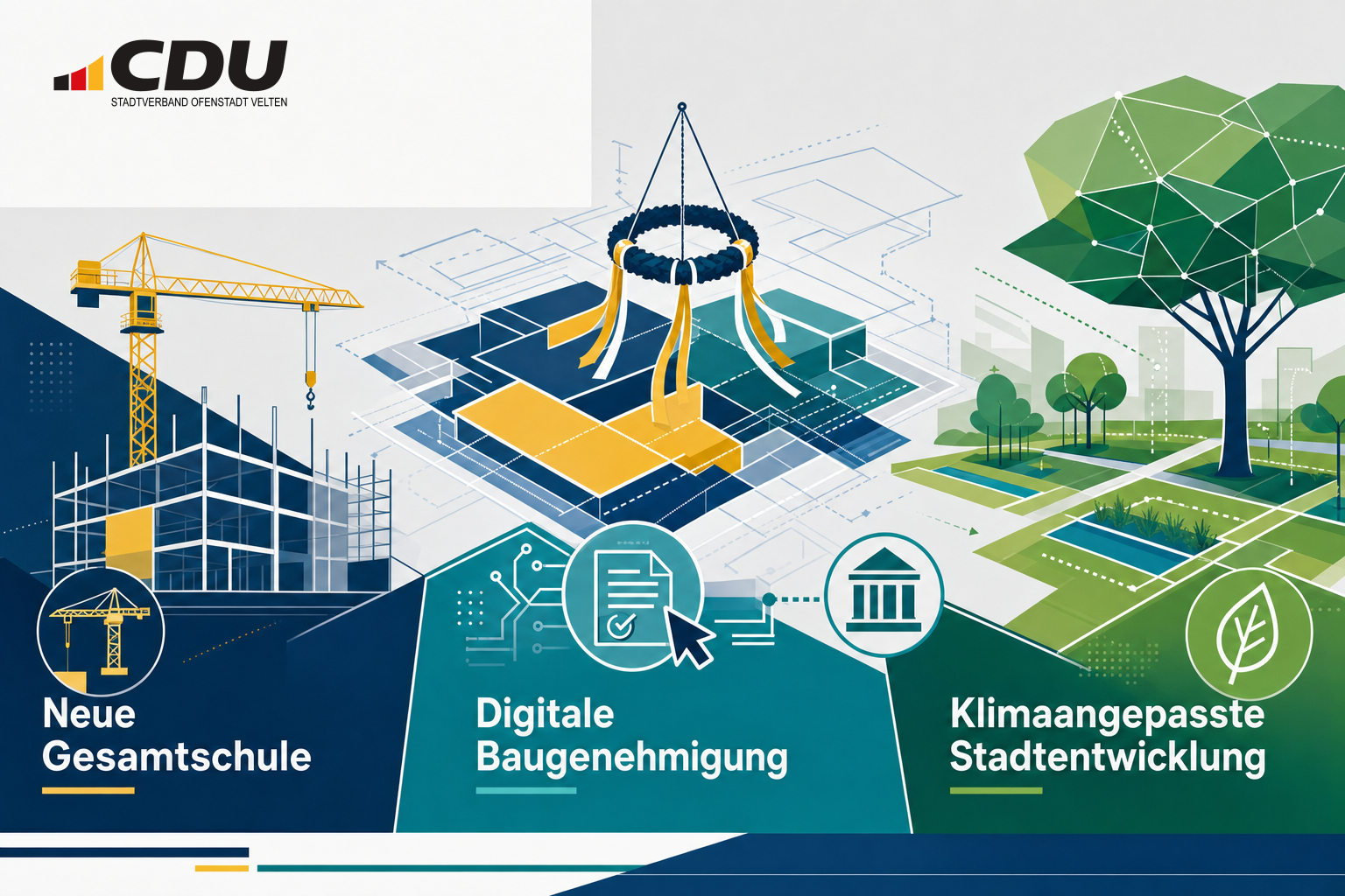 Redaktionelle Grafik zu Schulneubau, digitaler Baugenehmigung und klimaangepasster Stadtentwicklung mit stilisierten Bau-, Dokument- und Umweltsymbolen.