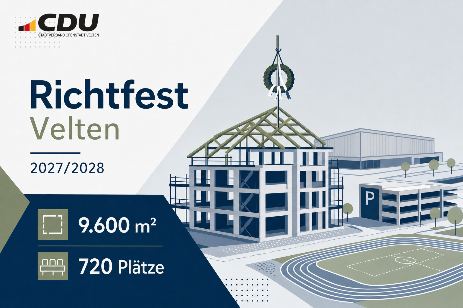 Redaktionelle Grafik zum Richtfest für den Rohbau der neuen Gesamtschule in Velten mit stilisiertem Schulcampus und Richtkranz.