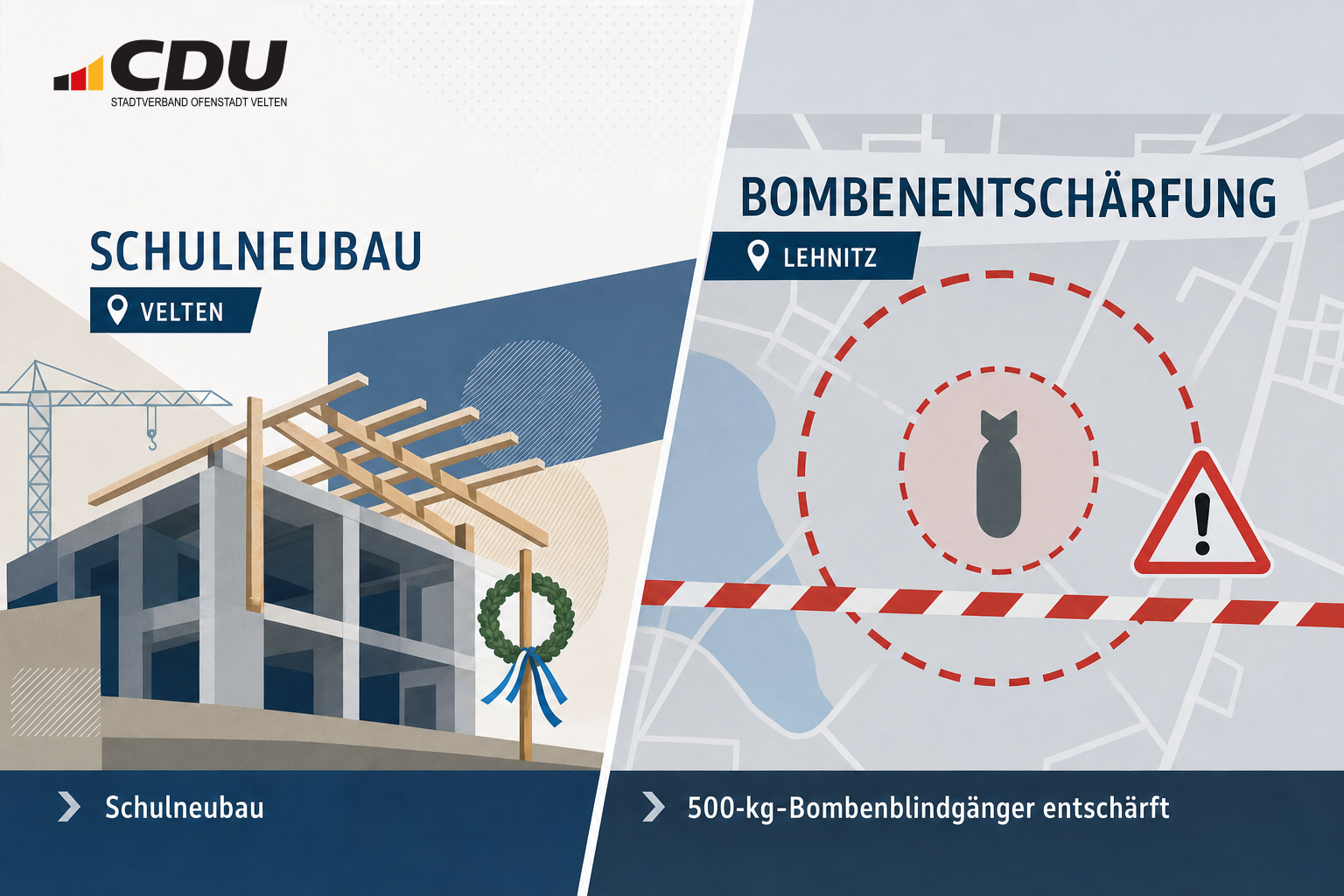 Redaktionelle Themenkarte zum Richtfest für eine neue Gesamtschule in Velten und zur Entschärfung eines Bombenblindgängers in Lehnitz.