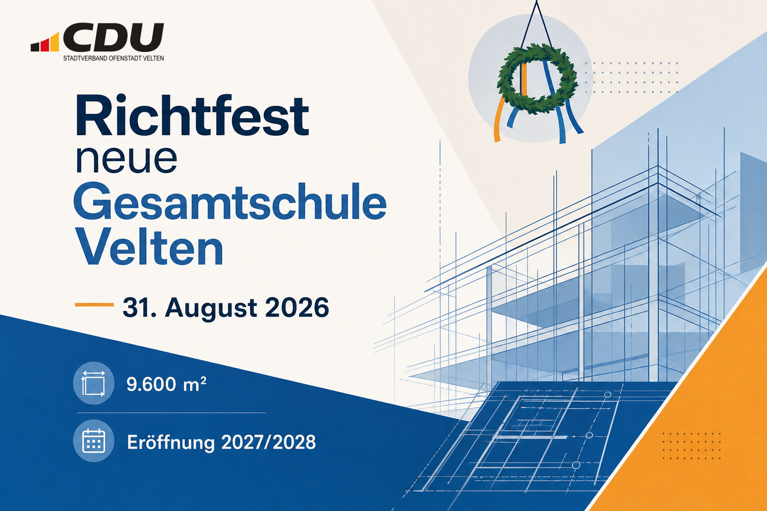 Redaktionelle Veranstaltungskarte zum Richtfest der neuen Gesamtschule in Velten am 31. August 2026 mit abstrakten Bauplan- und Baustellenmotiven.