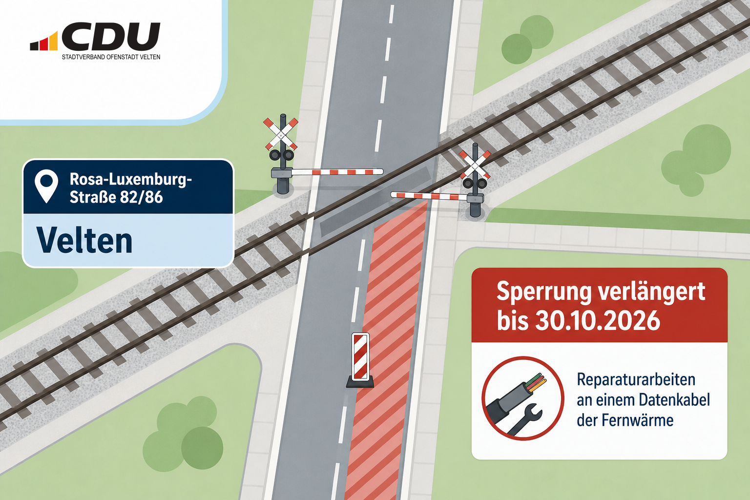 Schematische Grafik zur verlängerten halbseitigen Sperrung am Bahnübergang der Rosa-Luxemburg-Straße in Velten bis zum 30. Oktober 2026.