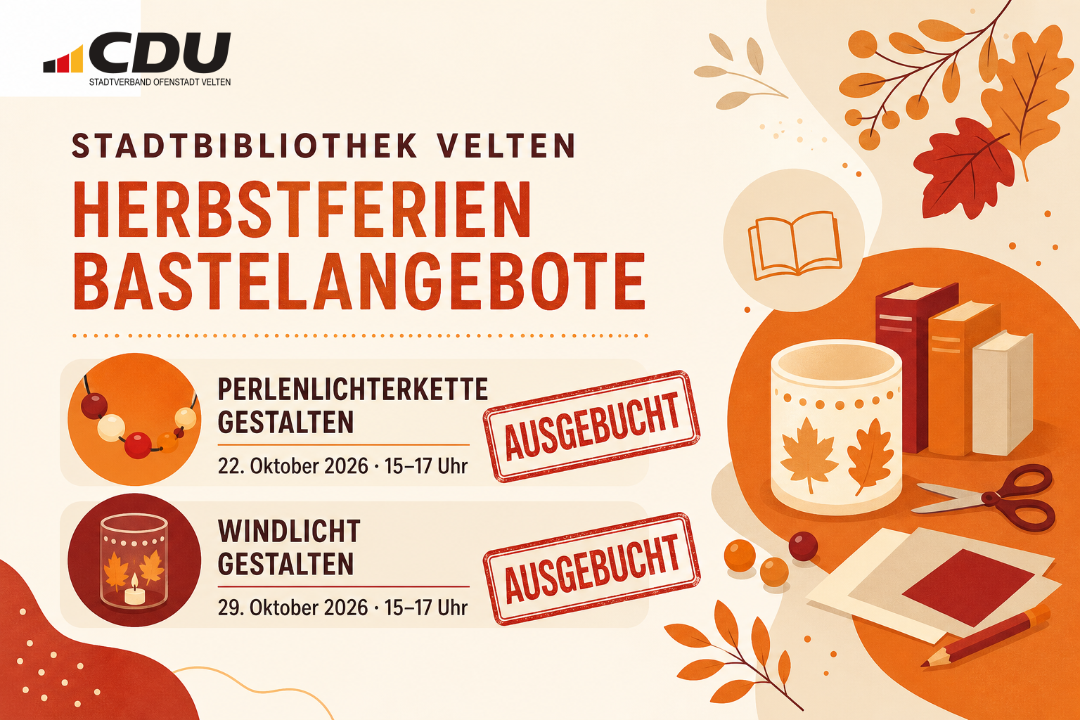 Redaktionelle Veranstaltungskarte zu zwei ausgebuchten Herbstferien-Bastelangeboten am 22. und 29. Oktober 2026 jeweils von 15 bis 17 Uhr.