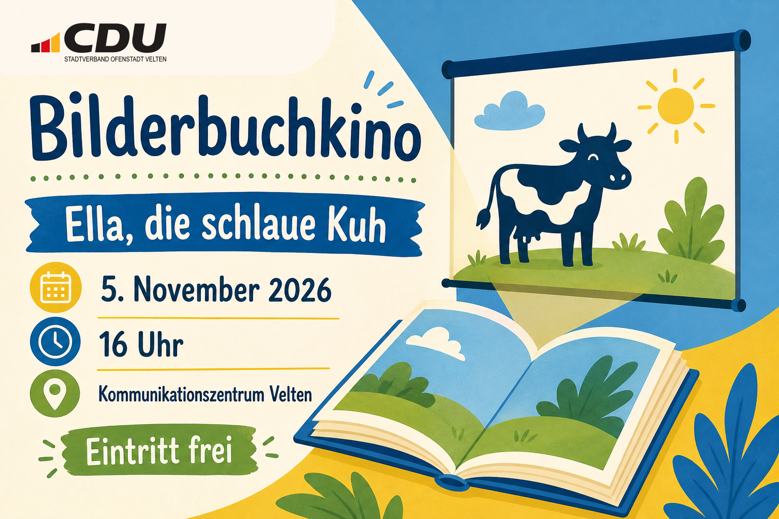 Redaktionelle Veranstaltungskarte für das Bilderbuchkino „Ella, die schlaue Kuh“ am 5. November 2026 um 16 Uhr im Kommunikationszentrum Velten; der Eintritt ist frei.