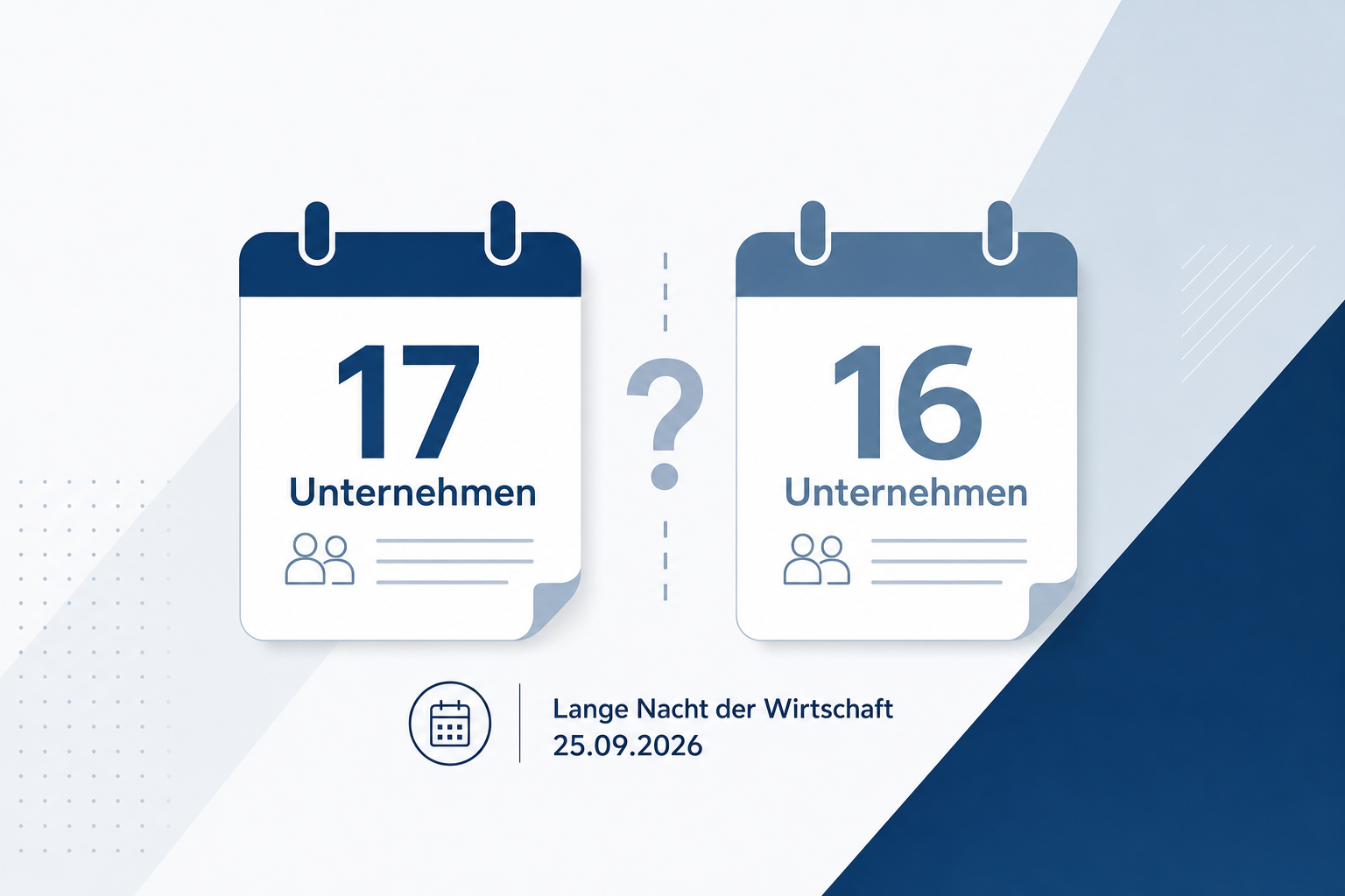 Redaktionelle Grafik zu widersprüchlichen städtischen Angaben: Für die Lange Nacht der Wirtschaft am 25. September 2026 werden 17 beziehungsweise 16 teilnehmende Unternehmen genannt.
