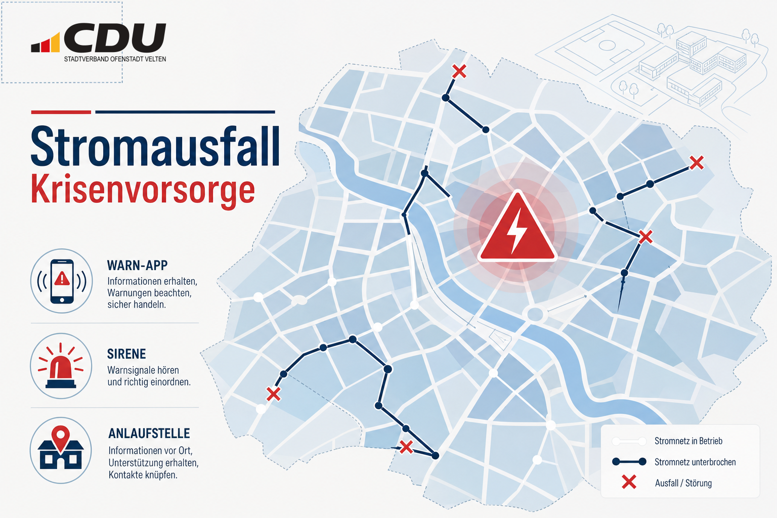 Redaktionelle Grafik zu einem Stromausfall in Velten und der Bedeutung von Warnwegen, Anlaufstellen und Krisenvorsorge; im Hintergrund ist abstrakt Bildungsinfrastruktur angedeutet.