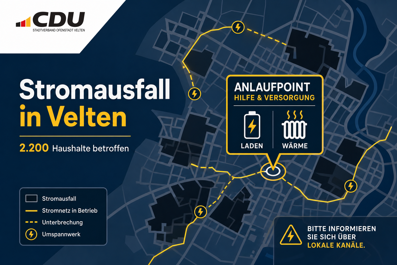 Redaktionelle Grafik zu einem Stromausfall in Velten mit verdunkelten Stadtflächen, unterbrochenem Stromnetz und symbolischem Anlaufpunkt für Betroffene.