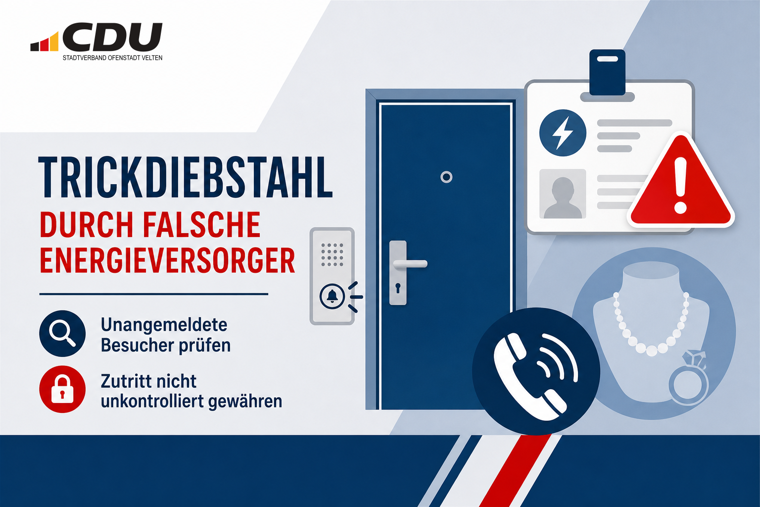 Redaktionelle Symbolgrafik mit Wohnungstür, Ausweiskarte, Telefon und Warnsymbol zum Schutz vor falschen Energieversorgern und Trickdiebstahl.