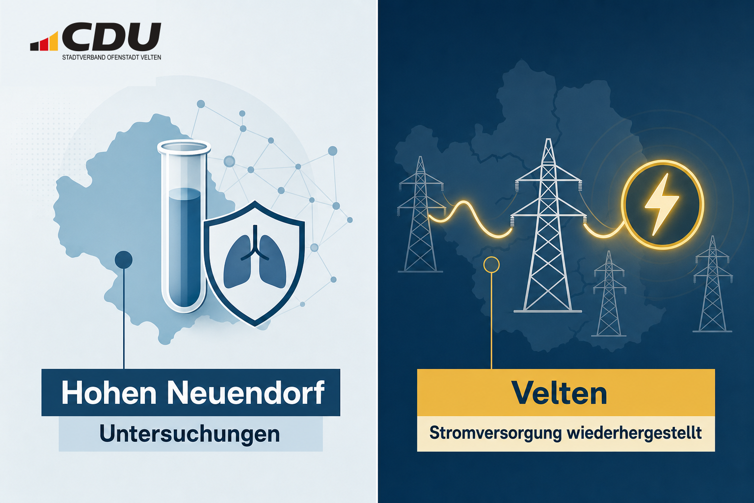 Grafische Themenkarte mit einem medizinischen Untersuchungssymbol für Hohen Neuendorf und einem stilisierten Stromnetz für die wiederhergestellte Versorgung in Velten.