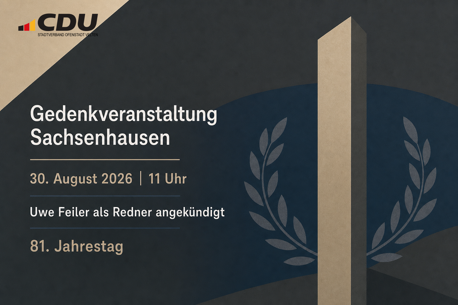 Redaktionelle Veranstaltungskarte zur angekündigten Gedenkveranstaltung in Sachsenhausen am 30. August 2026 um 11 Uhr mit Uwe Feiler als angekündigtem Redner.