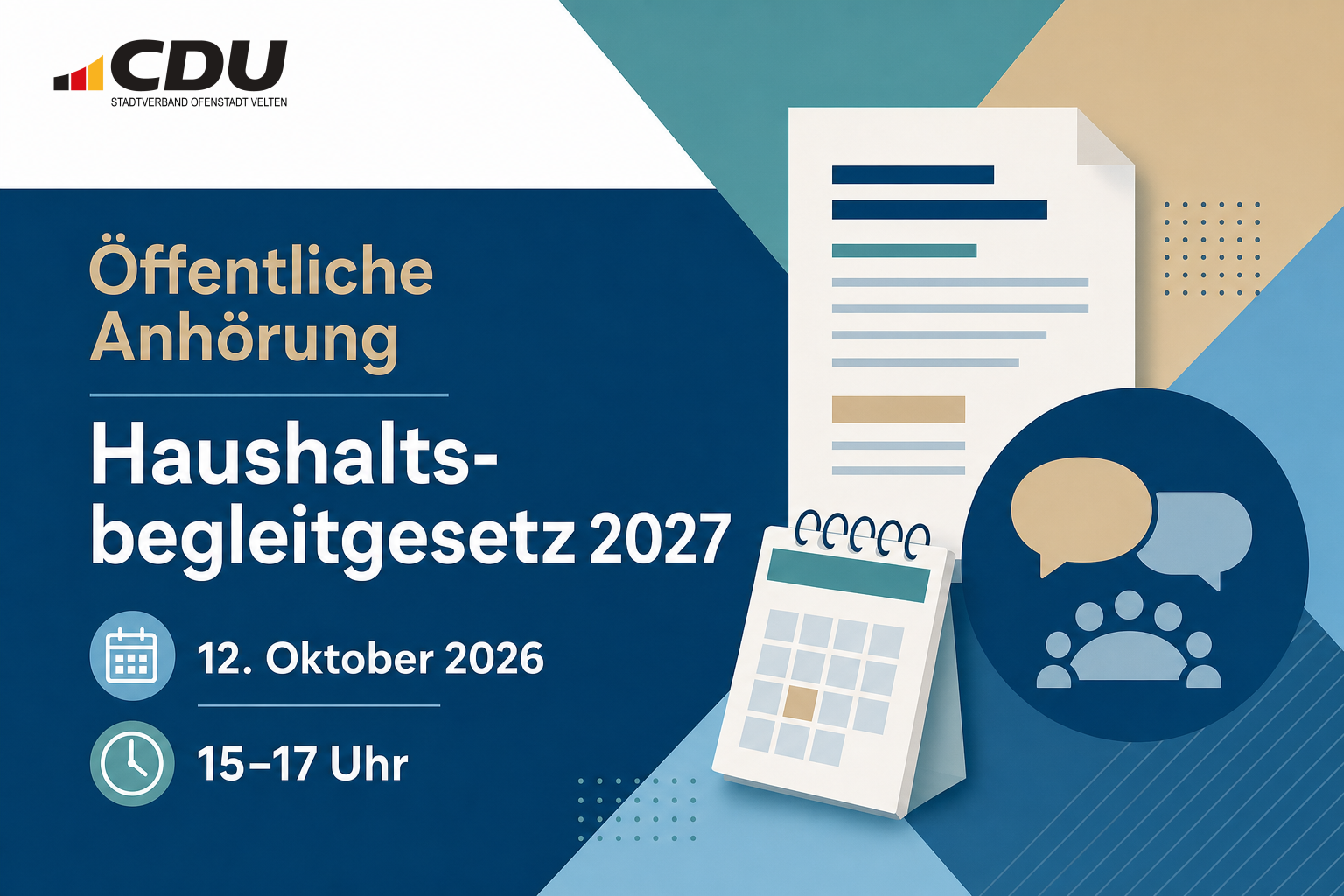 Redaktionelle Veranstaltungskarte zur öffentlichen Anhörung zum Haushaltsbegleitgesetz 2027 am 12. Oktober 2026 von 15 bis 17 Uhr.