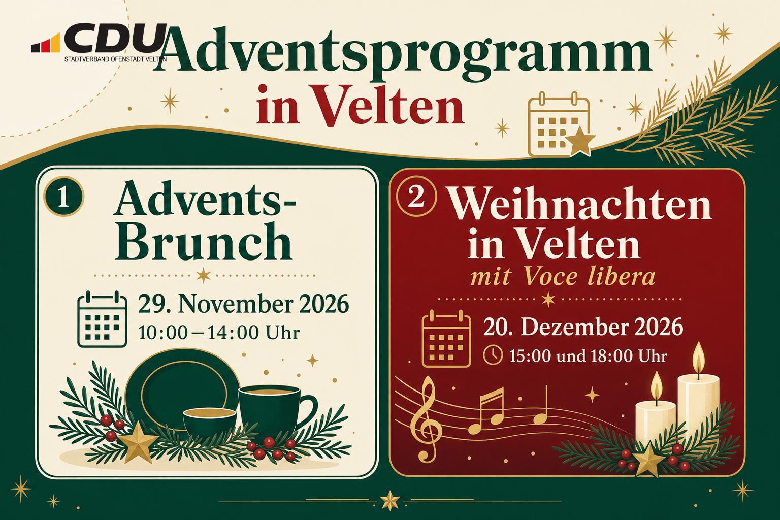 Redaktionelle Veranstaltungskarte zum Adventsprogramm in Velten mit einem Advents-Brunch am 29. November 2026 und zwei Weihnachtskonzerten von Voce libera am 20. Dezember 2026.