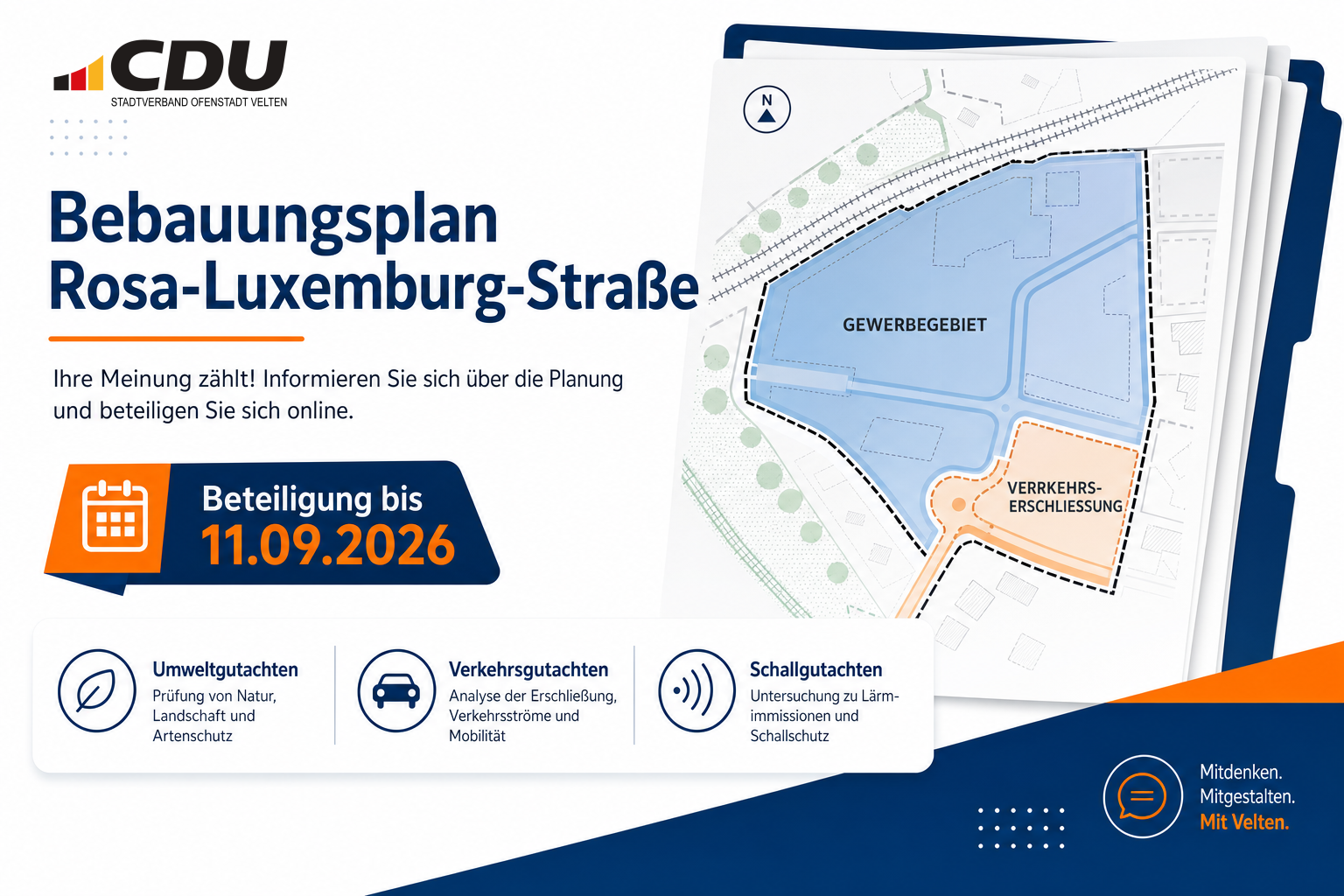 Redaktionelle Dokumentgrafik zur Öffentlichkeitsbeteiligung am Bebauungsplan Rosa-Luxemburg-Straße mit Planunterlagen, Verkehrs- und Umweltgutachten sowie dem Hinweis auf die Frist bis zum 11. September 2026.