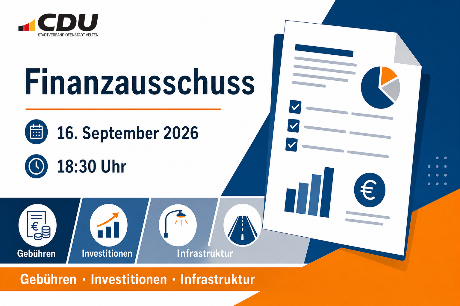 Redaktionell gestaltetes Dokumentmotiv zur öffentlichen Tagesordnung des Veltener Finanzausschusses am 16. September 2026 mit Hinweisen auf Gebühren, Investitionen und Infrastruktur.