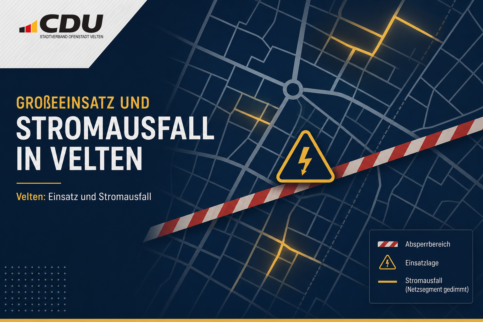 Abstrakte redaktionelle Grafik mit Absperrlinie, Warnsymbol und unterbrochenem Stromnetz zum Polizeieinsatz und Stromausfall in Velten.