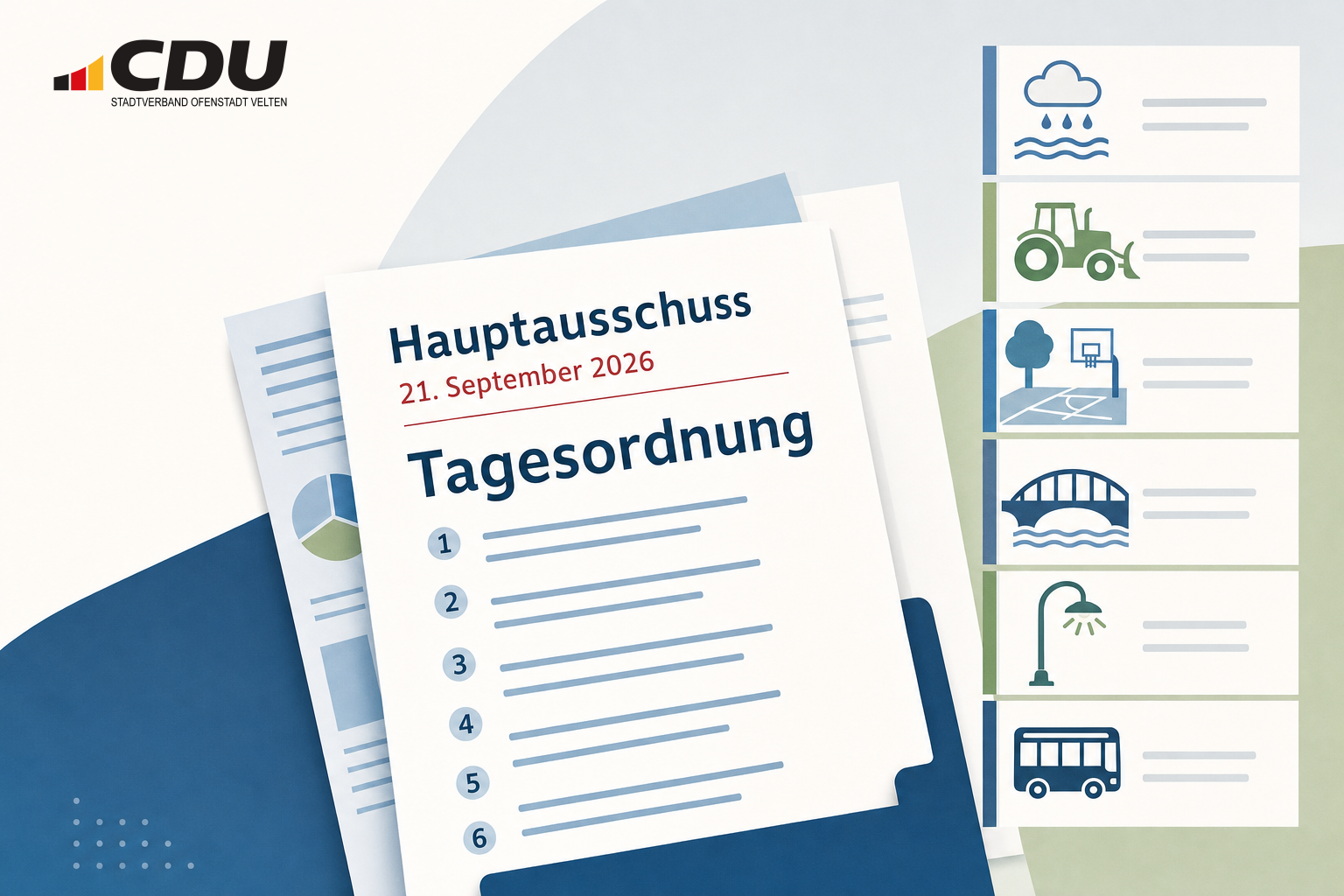 Redaktionelle Dokumentgrafik zu einer Tagesordnung des Veltener Hauptausschusses mit Themen wie Abwassergebühren, Bauhof, Schulhof, Brücke, Straßenbeleuchtung und Nahverkehr.