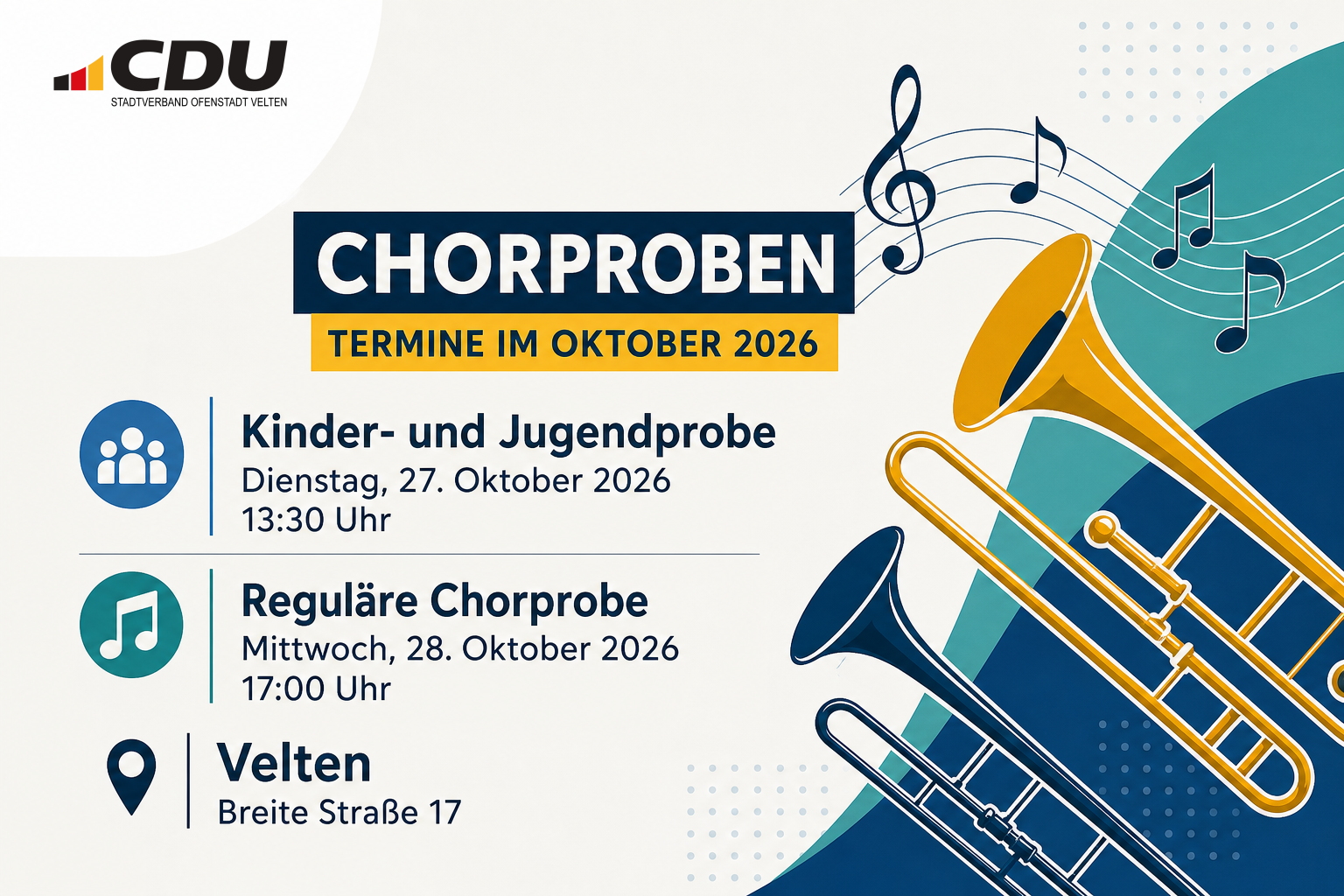 Redaktionelle Veranstaltungskarte zu zwei Posaunenchorproben in Velten: Kinder- und Jugendprobe am 27. Oktober 2026 um 13:30 Uhr sowie reguläre Chorprobe am 28. Oktober 2026 um 17:00 Uhr.